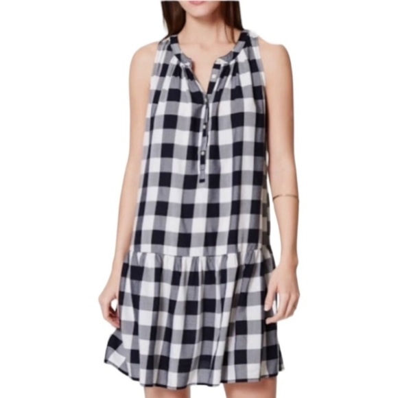 LOFT Gingham Plaid Sleeveless Drop Waist Ruffle Blue & White Mini Dress Size S - Picture 11 of 11